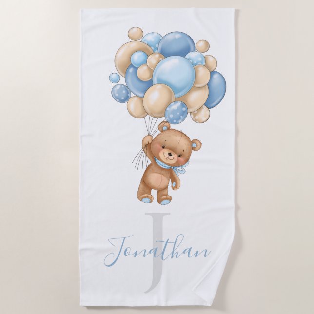 Teddy Bear Blue Balloons beach towel for kids  (Front)