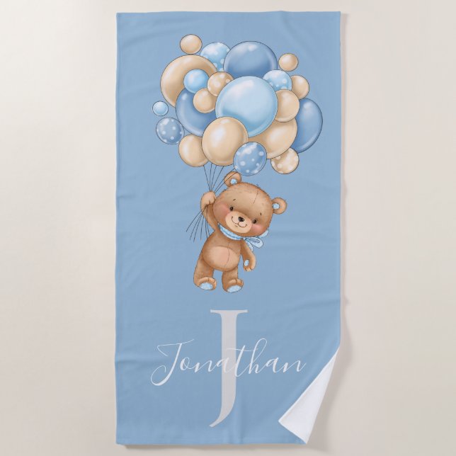 Teddy Bear Blue Balloons beach towel for kids  (Front)