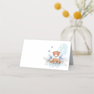 Teddy Bear Blue Balloons Bearly Wait Baby Shower Place Card