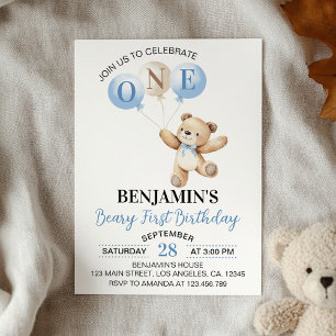 Teddy Bear Blue Balloons Beary First Birthday Invitation