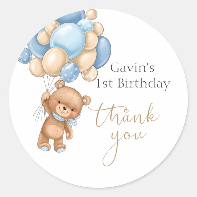 Teddy Bear Blue Balloons Birthday Thank You Classic Round Sticker (Front)