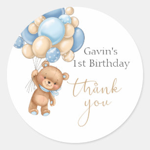 Teddy Bear Blue Balloons Birthday Thank You Classic Round Sticker