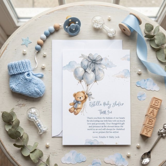 Teddy Bear Blue Balloons bow Baby Boy Thank You Card (Creator Uploaded)
