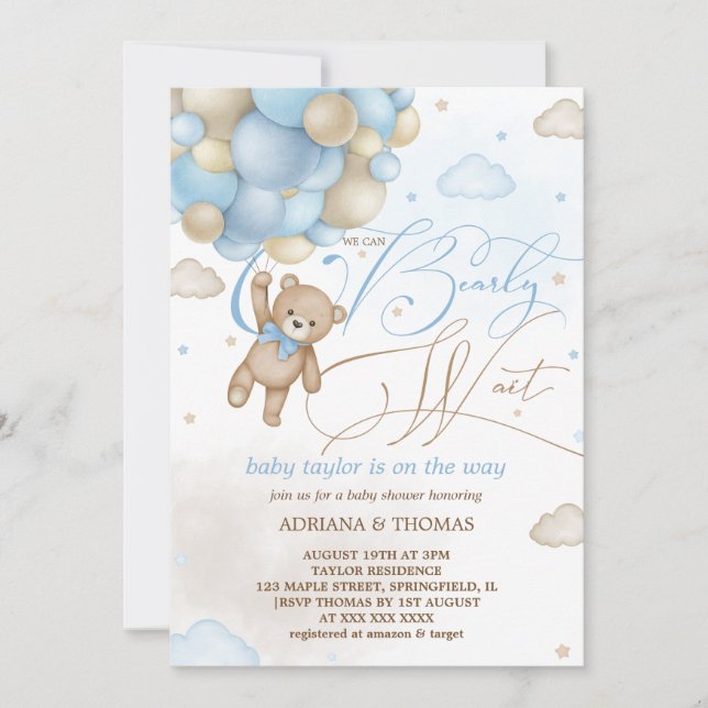 Teddy Bear Blue Balloons Boy Baby Shower Invitation (Front)