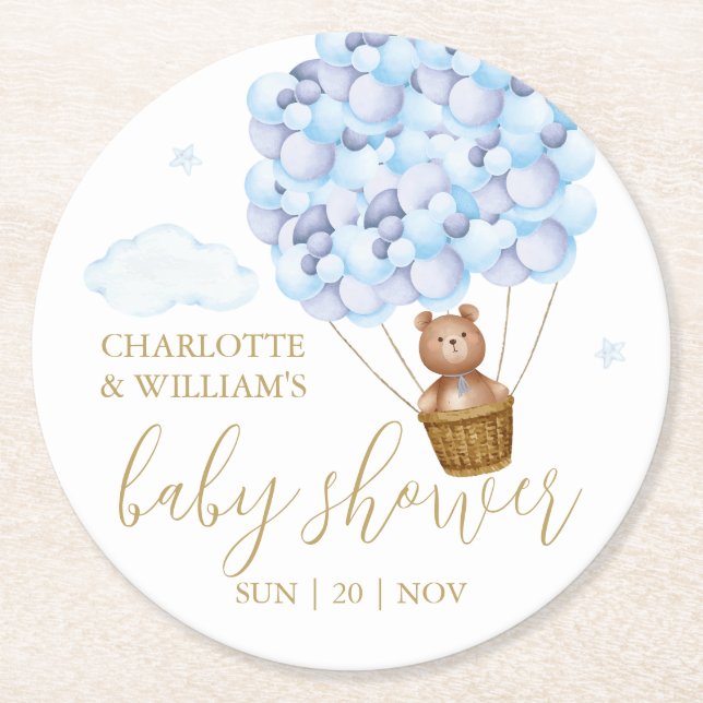 Teddy Bear Blue Balloons Boy Baby Shower Round Paper Coaster (Front)