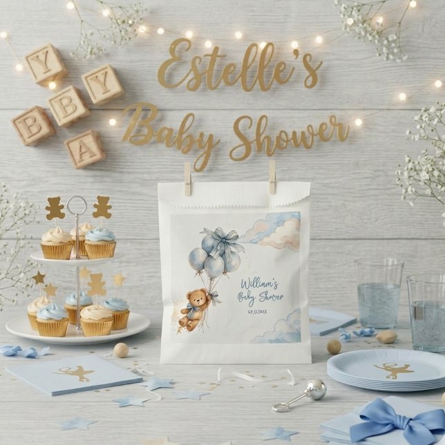 Teddy Bear Blue Balloons Clouds Baby Boy Favour Bags (Creator Uploaded)