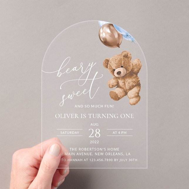 Teddy Bear, Blue Balloons, First Birthday Acrylic Invitations (Insitu (Handheld))