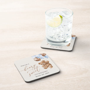 Teddy Bear, Blue Balloons, First Birthday Coaster