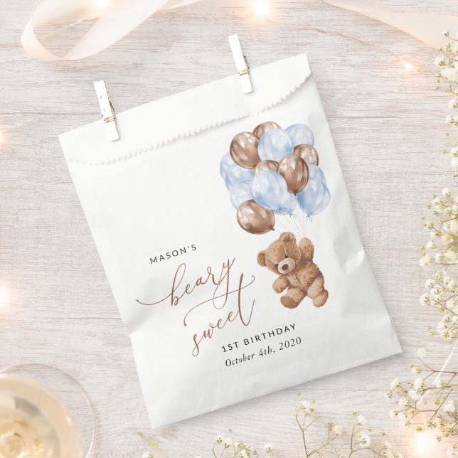 Teddy Bear, Blue Balloons, First Birthday Favour Bags (Clipped)
