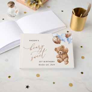 Teddy Bear, Blue Balloons, First Birthday Guest Book
