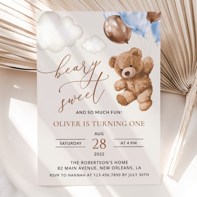Teddy Bear, Blue Balloons, First Birthday Invitation (Creator Uploaded)