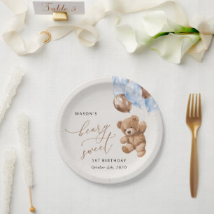 Teddy Bear, Blue Balloons, First Birthday Paper Plate