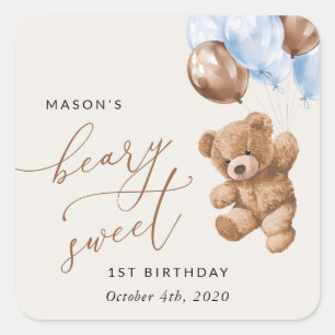 Teddy Bear, Blue Balloons, First Birthday Square Sticker