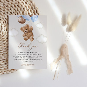Teddy Bear, Blue Balloons, First Birthday Thank You Card