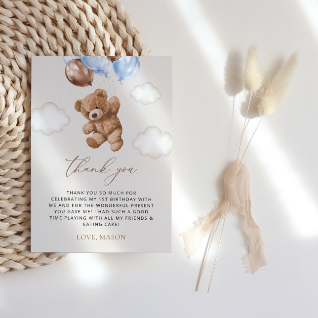 Teddy Bear, Blue Balloons, First Birthday Thank You Card (Creator Uploaded)