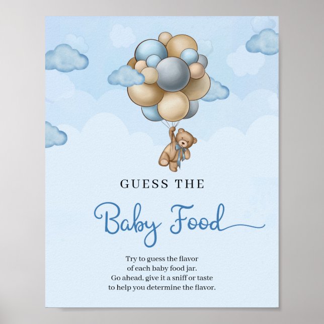 Teddy bear blue balloons Guess The Baby Food game Poster (Front)