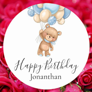 Teddy Bear Blue Balloons Happy Birthday Round Paper Coaster