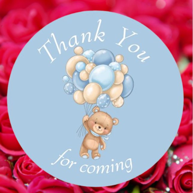 Teddy Bear Blue Balloons Thank You  Classic Round Sticker (Show your gratitude with our Teddy Bear Blue Balloons Thank You stickers.)