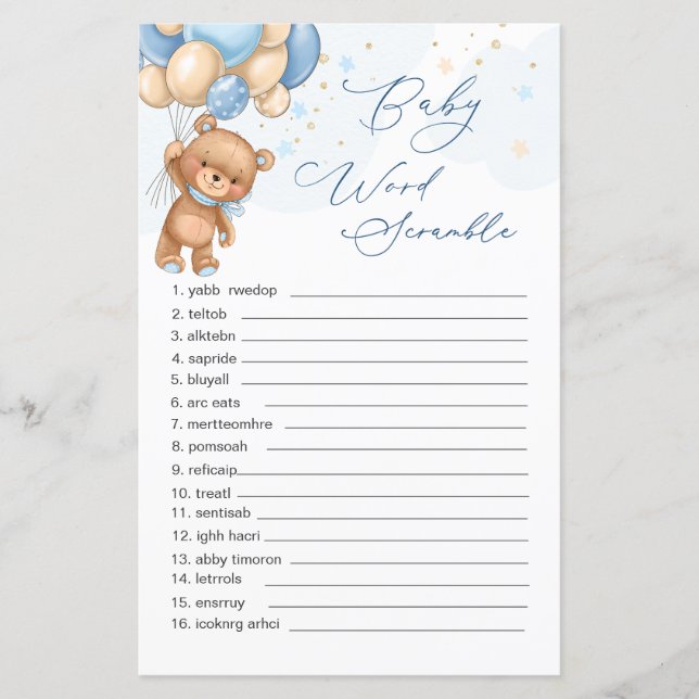 Teddy Bear Blue Balloons Word Scramble Game (Front)