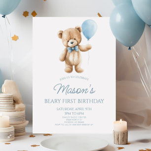 Teddy Bear Blue Beary First 1st Birthday Party Invitation