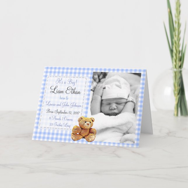 Teddy Bear Blue Birth Announcement Card (Front)
