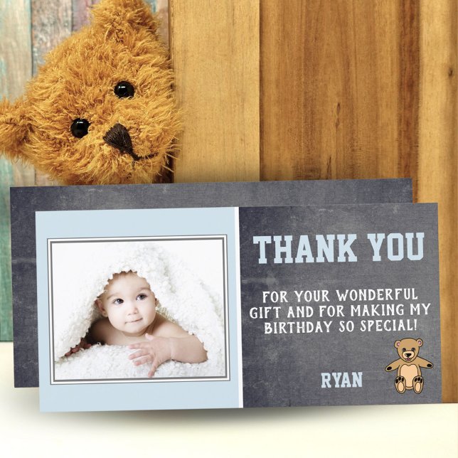 Teddy Bear Blue Birthday Thank you Photo Card Kids (Creator Uploaded)