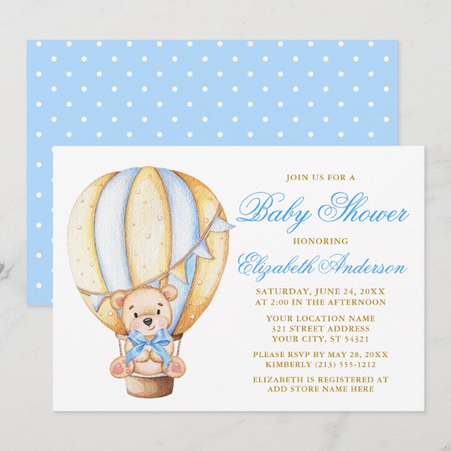 Teddy Bear Blue Bow Air Balloon Dots Baby Shower Invitation (Front/Back)