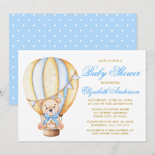 Teddy Bear Blue Bow Air Balloon Dots Baby Shower Invitation