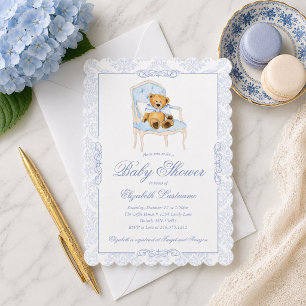 Teddy Bear Blue Bow Baby Shower Invitation