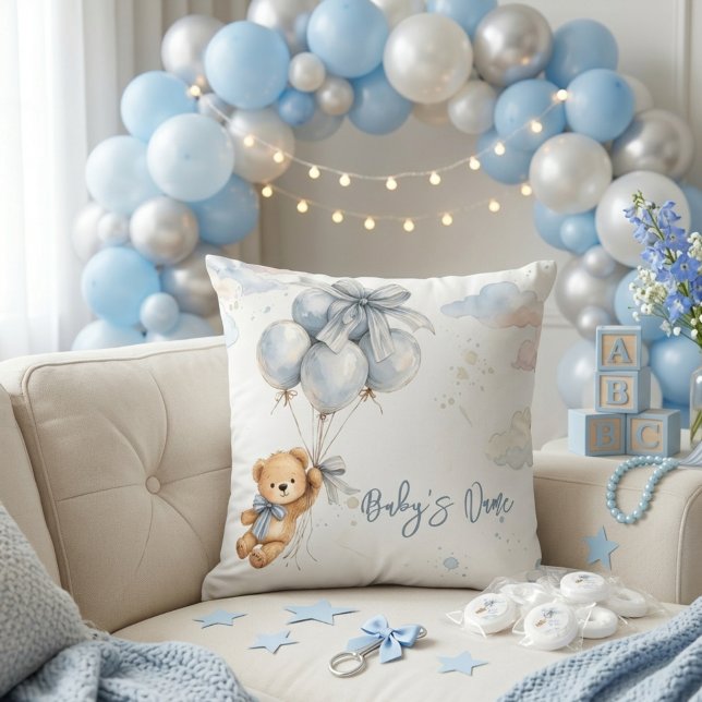 Teddy Bear Blue Bow Balloons Clouds Baby Boy Cushion (Creator Uploaded)