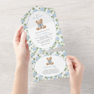 Teddy Bear, Blue Bow, Blue Flowers, Baby Shower All In One Invitation