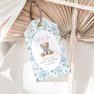 Teddy Bear, Blue Bow, Blue Flowers, Baby Shower Gift Tags