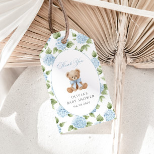 Teddy Bear, Blue Bow, Blue Flowers, Baby Shower Gift Tags