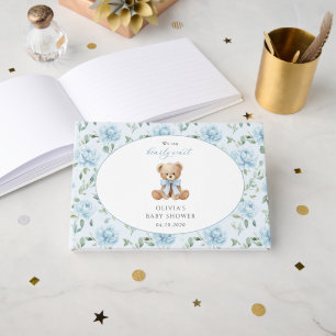 Teddy Bear, Blue Bow, Blue Flowers, Baby Shower Guest Book