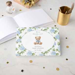 Teddy Bear, Blue Bow, Blue Flowers, Baby Shower Guest Book