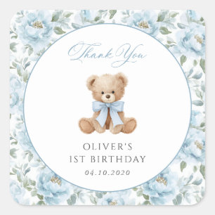 Teddy Bear, Blue Bow, Blue Flowers, Baby Shower Square Sticker