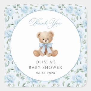 Teddy Bear, Blue Bow, Blue Flowers, Baby Shower Square Sticker