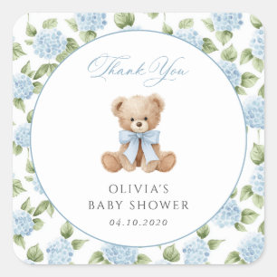 Teddy Bear, Blue Bow, Blue Flowers, Baby Shower Square Sticker