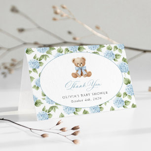 Teddy Bear, Blue Bow, Blue Flowers, Baby Shower Thank You Card