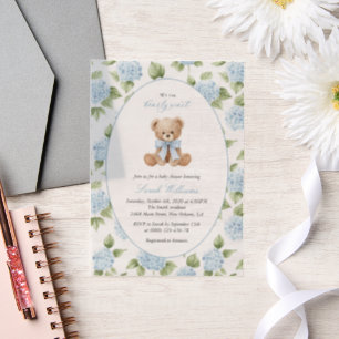 Teddy Bear, Blue Bow, Blue Flowers, Baby Shower Vellum Invitations