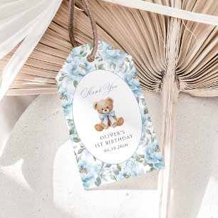 Teddy Bear, Blue Bow, Blue Flowers, First Birthday Gift Tags
