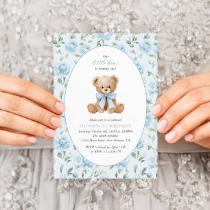 Teddy Bear, Blue Bow, Blue Flowers, First Birthday Invitation