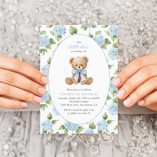 Teddy Bear, Blue Bow, Blue Flowers, First Birthday Invitation (Creator Uploaded)