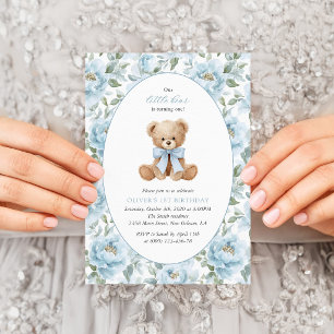 Teddy Bear, Blue Bow, Blue Flowers, First Birthday Invitation