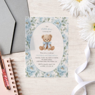Teddy Bear, Blue Bow, Blue Flowers, First Birthday Vellum Invitations