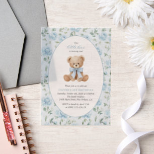 Teddy Bear, Blue Bow, Blue Flowers, First Birthday Vellum Invitations