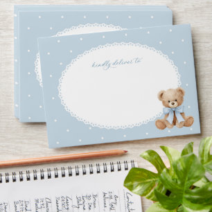 Teddy Bear, Blue Bow, Blue Polka Dots, Baby Shower Envelope
