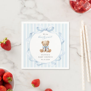 Teddy Bear, Blue Bow, Blue Stripes, Baby Shower Napkin