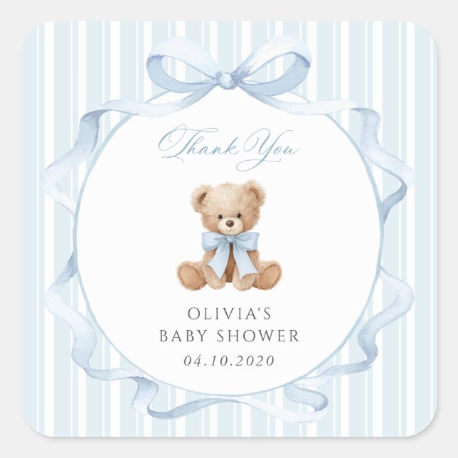 Teddy Bear, Blue Bow, Blue Stripes, Baby Shower Square Sticker (Front)