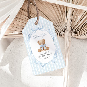 Teddy Bear, Blue Bow, Blue Stripes, First Birthday Gift Tags
